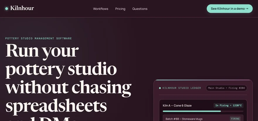 The Kilnhour landing page: deep plum ground, mint accent, and a live studio ledger panel.