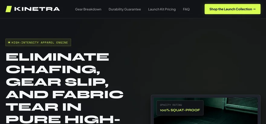 The Kinetra landing page: near-black with acid lime, heavy condensed uppercase display type.
