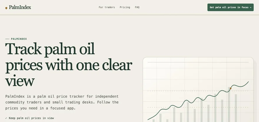 The PalmIndex landing page: warm cream paper, forest green, serif headline over a plotted price chart.
