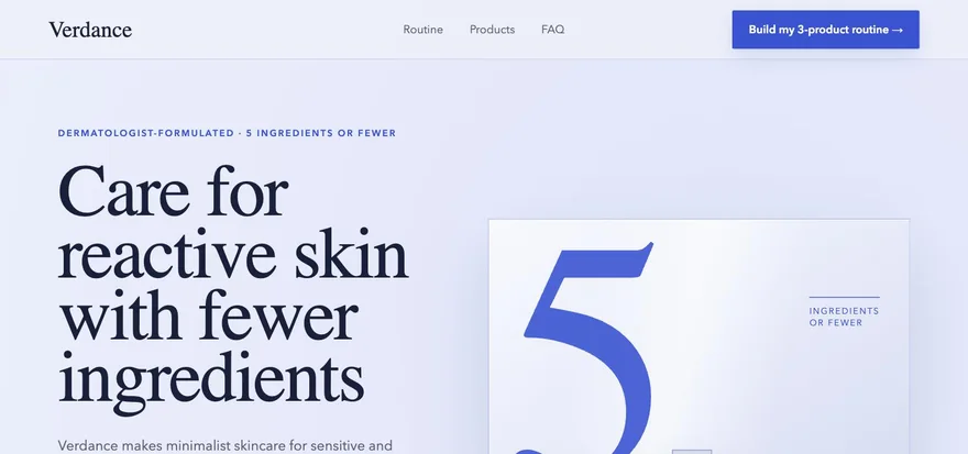 The Verdance landing page: indigo and lavender, a high-contrast serif headline, and an oversized numeral illustration.